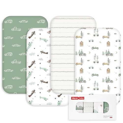 Gllquen Baby Bedside Sleeper Sheets 33x20 Inch 4 Pack - Fitted Crib Mattress Covers, Ultra Soft Oeko-TEX Certified Bassinet Sheets for Girls Boys, Gift Ready Box for Baby Shower (Retro Traveler)