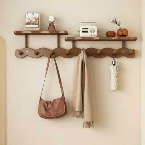 Chic Walnut Wood Multi-Functional Coat and Hat Rack with Magnetic Hook Storage - Ideal Decorative Solution for Modern and Rustic Spaces
