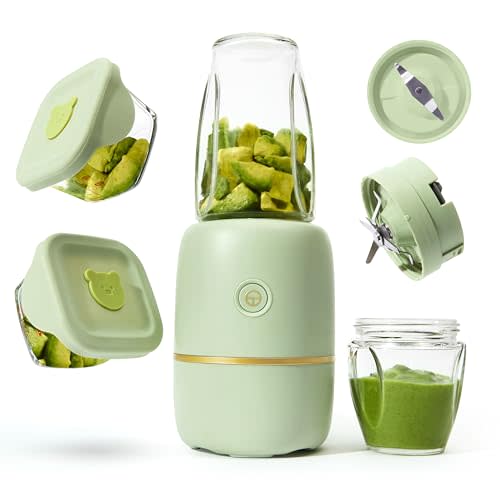 Bubble Blender, Baby Food Maker & Puree Blender with 2 Borosilicate Glass Cups, Compact Baby Bullet for Smoothies, Hands-Free One-Touch, 200W Motor, Sage