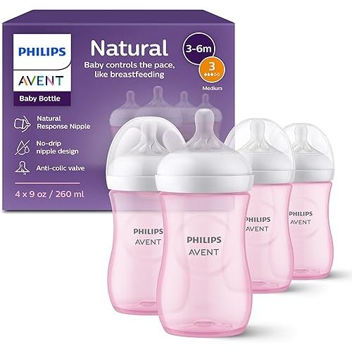Philips Avent Natural Baby Bottles with Natural Response Nipples (Medium Flow, Flow 3), 9oz, Pink, 4-Pack, SCY903/14