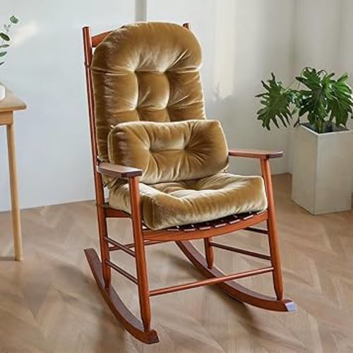 Rocking Chair Cushion Indoor Large Chair Pads Set with Ties Extra Lumbar Pillow Premium Dutch Velvet High Resilience Filler Non-Slip Bottom, Khaki