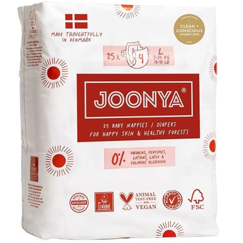 Joonya Baby Diapers, Size 4 L (15-31 lb) - 1 Bag of 25 - Non Toxic, Eco-Friendly, High Absorbency, Overnight Use, Ultra Slim & Soft - Made in Denmark