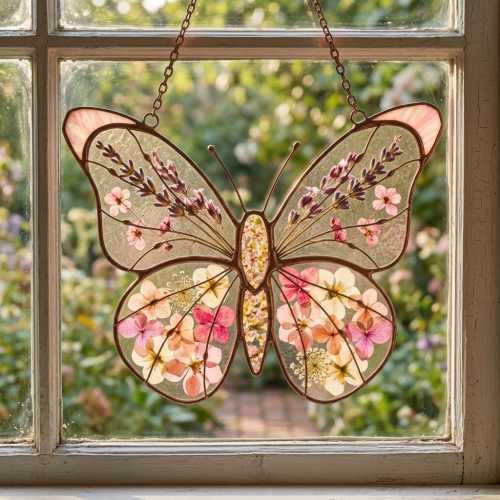 Pressed Flower Butterfly Acrylic Suncatcher, Faux Window Hanging, Butterfly Garden Decor, Cottagecore Aesthetic Gift, Memorial Gift