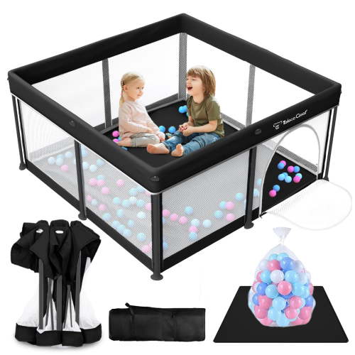 Foldable Baby Playpen with Mat, Collapsible Play Pen for Babies and Toddlers, Indoor & Outdoor Kids Safety Play Pen, Portable Play Yard with 50 Ocean Balls, 50"×50", Black