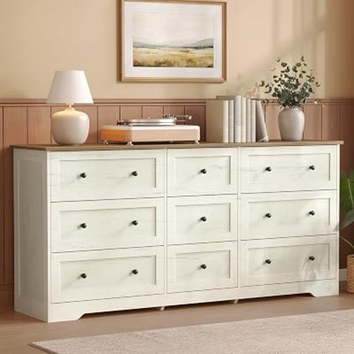 VASAGLE 9-Drawer Dresser, Particleboard, MDF Chest of Drawers, Large Capacity Storage Cabinet, 63 x 15.7 x 30.7 in, Cloud White and Warm Brown, for Bedroom, Living Room, Siren Collection ULTS693WJ01S