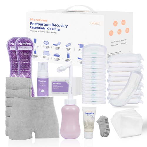 Upgraded Postpartum Essentials Recovery Kit for Women, Complete Post Partum Care Set with Peri Bottle, Disposable Underwear, Maxi Pads, Nursing Pads, Soothing Pads, Perineal Healing Foam & More