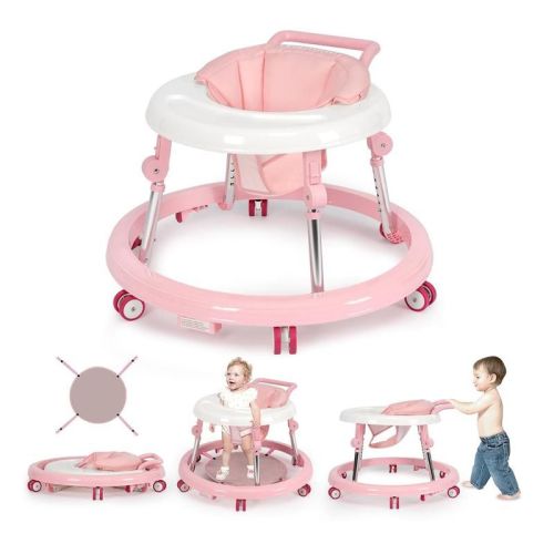 Wismind Foldable Baby Walker with Adjustable Height and Wheels, Portable Anti-Rollover Design-Pink