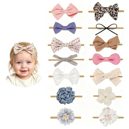 14 Pcs Flower Baby Girl Headband Bows Soft Nylon Hairbands With Hair Bows Elastics Linen Handmade Toddler Hair Accessories For Girls Newborns Infants And Kids. (Flower Bows)