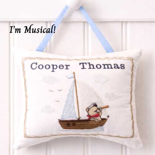 Personalized Embroidered Music Box Pillow -- MUSICAL Gift -- Sailboat and Teddy Bear -- Gift for Baby Boy -- Sailor