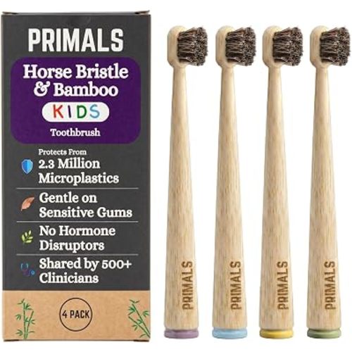 PRIMALS Kids Horse Bristle & Bamboo Toothbrush (4-Pack) - Soft & Healthy Horse Bristles - Zero Microplastics - Fully Biodegradable - Quick Dry Design