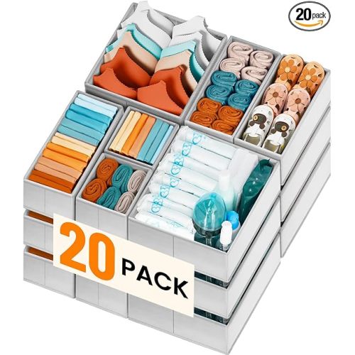 【FAMILY PACK】Drawer Organizer Clothes, 20 Pack Dresser Organizer Bins for Baby Clothes - Underwear Bra Sock Organizer - Fabric Closet Organization and Storage Dividers for Nursery Bedroom Dorm