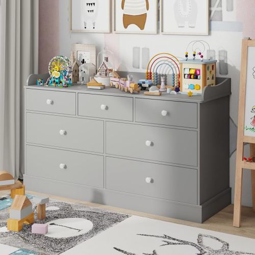 Vabches Kids Dresser Cabinet with 7 Drawers, Changing Table for Nursery, White Chest of Drawers, Baby Dresser, Kids Bedroom Furniture, Nightstand for Child’s Room,Light Grey