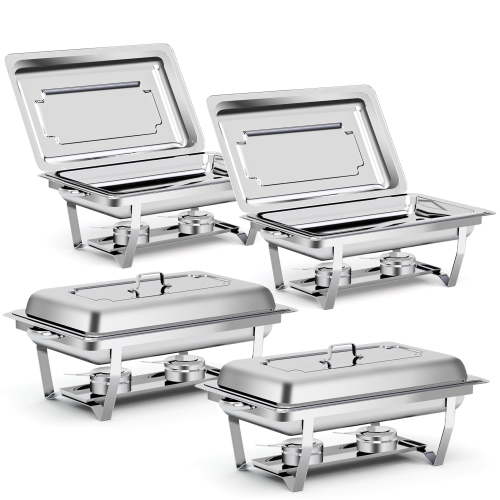 Bluebow 4 Pack Chafing Dishes for Buffet Set, Stainless Steel Catering Chafer, Serving Food Warmer with Lids, Food & Water Pans & Fuel Holders