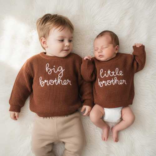 Big/Lil Brother Baby Handmade Brown Sweater,Hand-Embroidery Big Bro Lil Bro Jumper,Newborn Announcement, Custom Valentine’s Day Gift for Boy