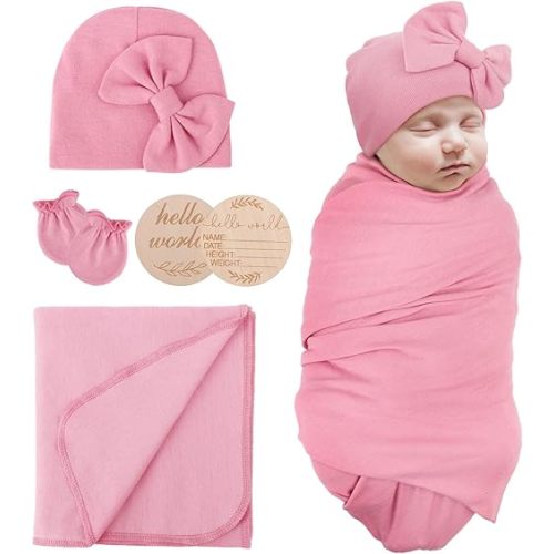 Newborn Receiving Blanket with Bow Hat Mittens Wooden Card Set Newborns Toddler Baby Boy Girl Nursery Swaddle Wrap