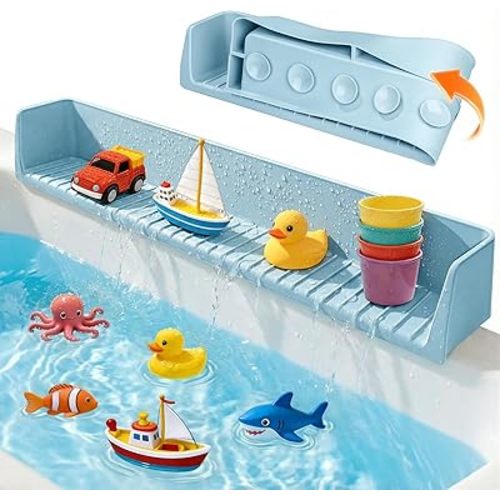 Splash Guard for Bathtub, Silicone Bathtub Splash Guard with Suction Cups, Bath Toys Holder Shelf, Bath Tub Side Tray for Bathroom Storage and Water Spill Prevention, Blue