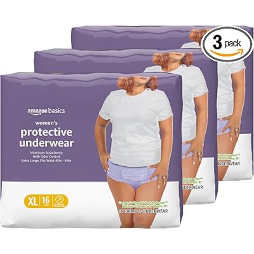 Amazon Basics Postpartum Incontinence Underwear for Women, Maximum Absorbency, Bladder Leak Protection, Soft, Disposable, Odor Control, Comfortable Fit, X-Large, Lavender, 48 Count (3 Packs of 16)