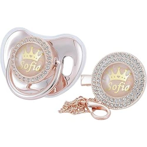 Personalized Any Name Bling Gold Silver Pacifier and Clip Set 18 Colors BPA Free Safe Unique Design Luxurious Dummy Ideal Gift for Baby Show New Born