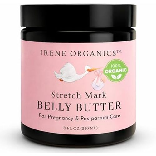 Irene Organics Organic Belly Butter for Pregnancy Stretch Mark Prevention and Treatment Award Winning Anti Stretch Mark Tummy Balm For Pregnancy and Postpartum 8oz - Hydrating Bump Cream