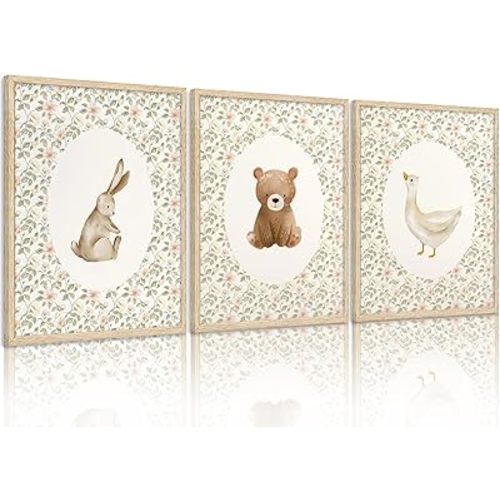 VZKRHPGA 3Pcs Animal Nursery Wall Art Cute Goose And Bunny Bear Painting Picture Wall Decor Pink Printed Retro Animals Poster Print Artwork for Kids Boys Room Bedroom Decorate,Unframed
