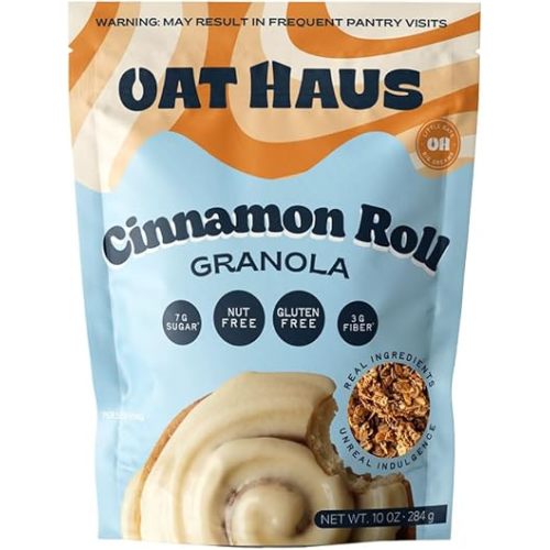 Oat Haus Cinnamon Roll Granola (10 oz Bag) – Low Sugar (7g), 3g Fiber, Gluten Free, Vegan, Nut-Free – Cinnamon Swirl Crunch, Resealable Pouch