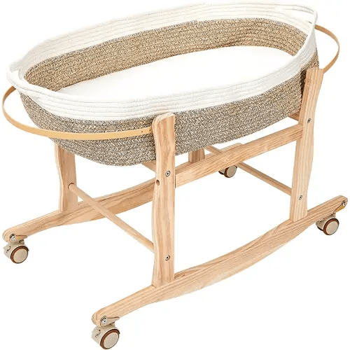 Pinkunn Moses Basket Stand Rocking Moses Basket Rocker Stand Adjustable Wooden Bassinet Stand with Wheels for Newborn, Basket is Not Included(Wood Color, 31.5 x 15.75 x 18.9 Inch)
