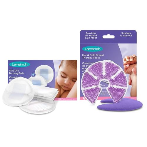 Lansinoh Stay Dry Disposable Nursing Pads (100 Count) + Breast Therapy Packs with Soft Covers (2 Pack)