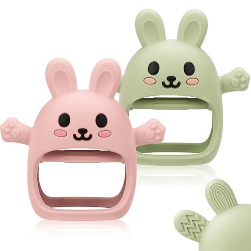 Easter 2 Pack Baby Teething Toys for 3-6 6-12 Months, Soft Silicone BPA Free Bunny Teething Mitten, Easter Basket Stuffers Chew Teether Toys 0-3 6 9 12 Months for Babies Sucking Needs
