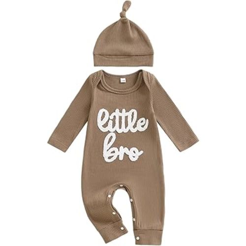 allshope Newborn Baby Boy Fall Outfit Romper Little Brother Lil Bro Long Sleeve Jumpsuit Bodysuit Cute Infant Waffle Clothes