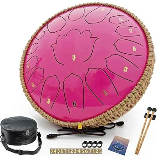 BETESINE 13-Inch 15-Note Steel Tongue Drum in C Major, Beginner-Friendly Meditation Drum with Mallets, Music Book, Finger Picks, Carry Bag & Note Stickers, Rose Pink