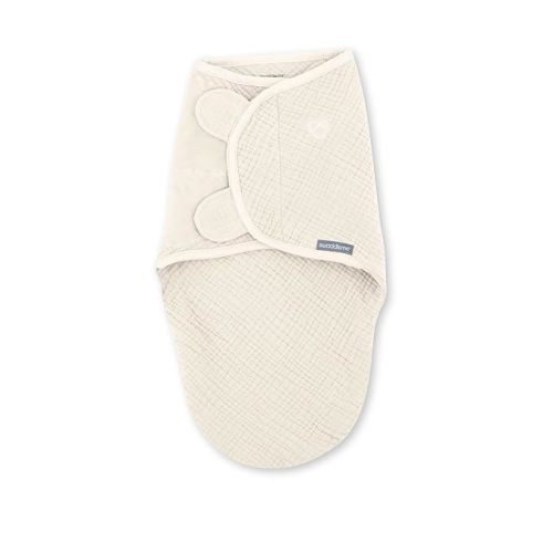 SwaddleMe by Ingenuity Muslin Original Swaddle, 100% Cotton, Size Small/Medium, for Ages 0-3 Months, 7-14 Pounds, Up to 26 Inches Long, 1.5 TOG - Cream