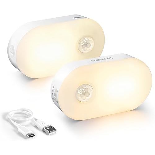 Lyridz Rechargeable Battery Night Light with Motion Sensor, Portable Mini Warm White LED Stick-on Closet Light, Adjustable Brightness for Bathroom, Bedroom, Kitchen, Cabinet, Stairs, Hallway, 2-Pack