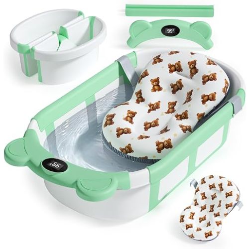 Collapsible Baby Bathtub, Thermometer & Cushion, Infant to Toddler, Green