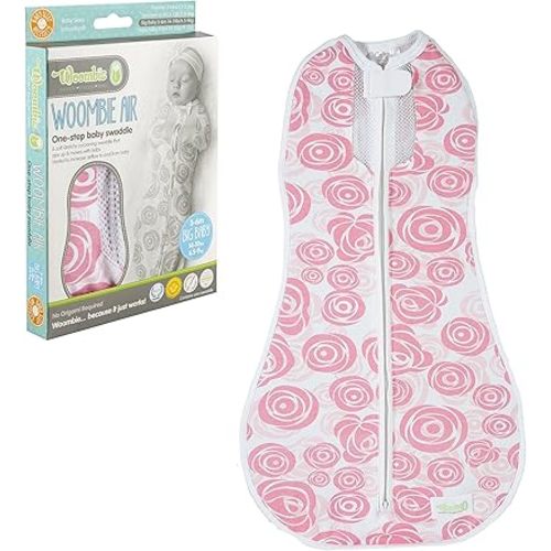 Woombie Air Vented Baby Swaddling Blanket I Soothing, Cotton Baby Swaddle I Wearable Baby Blanket, Pink/White Roses, 14-19 lbs