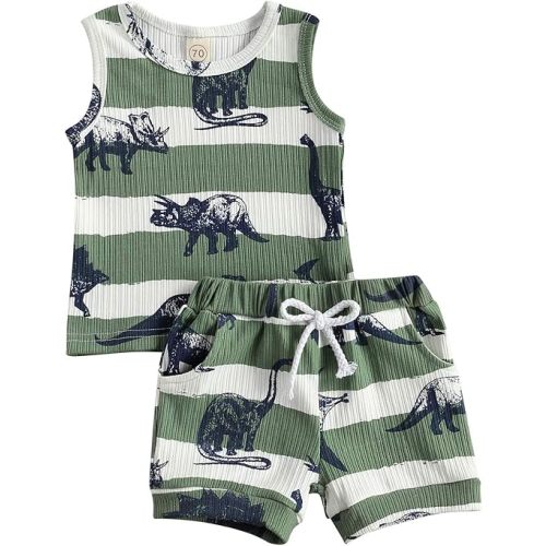 Ledy Champswiin Toddler Boy Clothes Baby Summer Outfit Dinosaur Letter Print Cotton Tops+Grey Elastic Shorts 2pcs