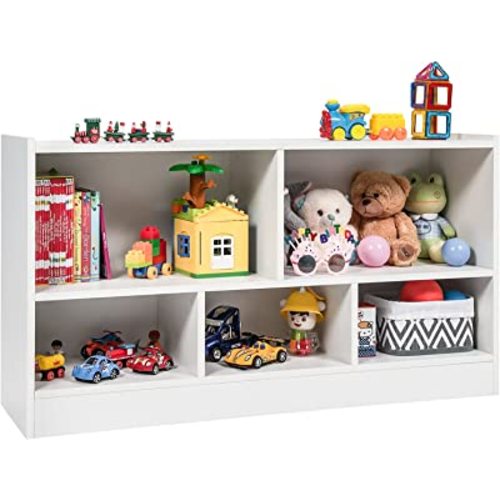 Costzon Toy Storage Organizer for Kids, 5-Section School Classroom Storage for Organizing Books Toys, Wooden Kids Bookshelf Daycare Furniture for Preschool, Playroom, Nursery, Kindergarten (White)