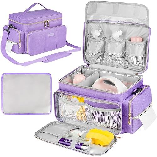 Breast Pump Bag Compatible with Spectra S1 and S2 with Insulated Compartment,Breast Pump Storage Bag with Water Resistant Mat for Pumping Essentials,Purple,Bag Only