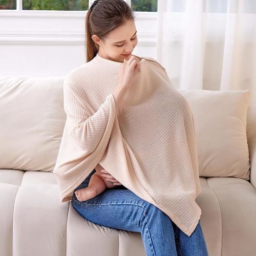 Knit Nursing Cover for Baby Breastfeeding, Breathable and Soft, Wide Neck with Stretch for Easy View (Cream)