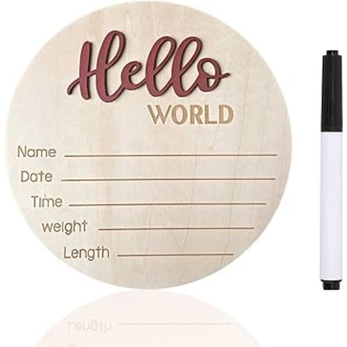 Baby Announcement Sign, ​5.9 Inch Wooden Hello World Newborn Signs, Birth Announcement Sign, Baby Shower Hospital Nursery for Newborn Boys and Girls (Tea Red,Pen)