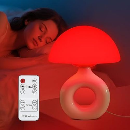 Mushroom Red Light Lamp for Sleep, 670nm Deep Sleep Red Night Light - 4 Color and 5 Dimmable, Remote Control with 30-90min Timer, Bedroom LED Nightstand Lamp, Glass Shade White Ceramic Base
