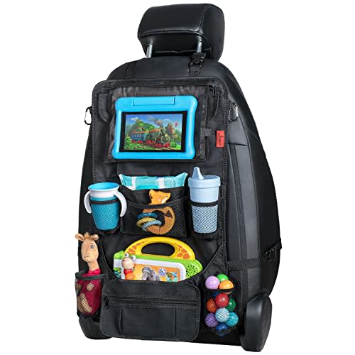 Lusso Gear Backseat Car Organizer- Kick Mat Protects Against Kids Feet - 12 Large Storage Pockets - iPad,Tablet, Water Bottle Holder- Durable, Heavy Duty Road Trip Essential (Black)