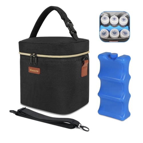 Mancro Breastmilk Cooler Bag with Ice Pack, Fits 6 Baby Bottles Up to 9 Ounce Insulated Baby Bottle Bag, Breast Milk Cooler on The go with Strap, Bottle Storage Bag for Nursing Mom Daycare, Black