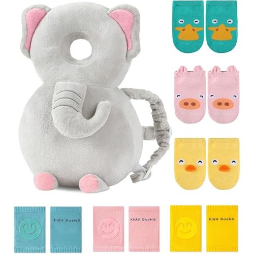 JunNeng Toddler Baby Head Protector Backpack for Toddler Walker with Knee Pads&Anti-Slip Socks, Elephant