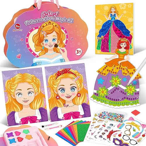 Mocoosy Princess Makeup Art Craft Kit for Girls, Foil Crafts & Gem Painting, Paper Doll Makeup Activity Kit for Kids Ages 4-8, Dress Up Sticker Books, Travel Toys Birthday Gift 5 6 7 8 9 Years Old