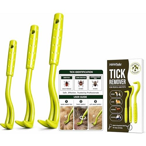 Homesake Tick Remover Tool for Dogs, Cats & Humans, 3 Pack Tick Removal Kit + Identification Card & Keychain Hole, Safely Removes Entire Tick Head & Body, Easy Portable Tool for Pets & First Aid Kits