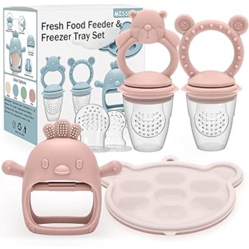 4 Pack Silicone Teething Mitten for Babies with Baby Fruit Food Feeder & Freezer Tray Set, BPA Free Infant Teething Relief Toy for 3 Month+, Additional Silicone Sacs