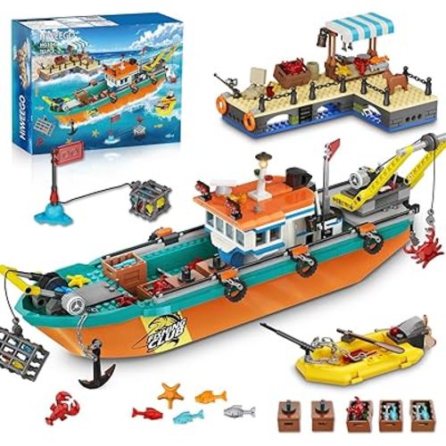 City Fishing Boat Wharf Building Set - Floatable Sea Fishing Ship Building Block Kit with Speedboat Crane Containers Exploration Boats Toy Birthday Gift for Kids Boys Girls 6 7 8 9 10+, 762PCS