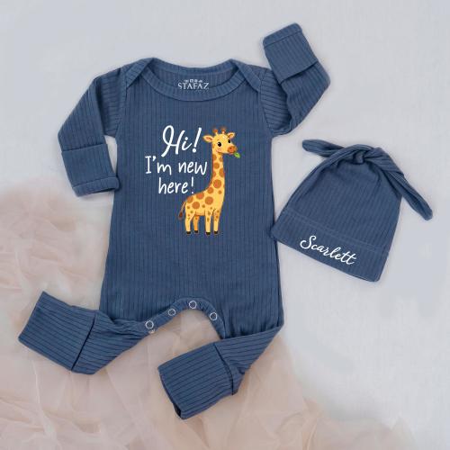Giraffe Baby Bodysuit Hat Set, Coming Home Outfit for Newborn, Custom Name baby bodysuit, Hi I'm New Here, Soft Ribbed Cotton