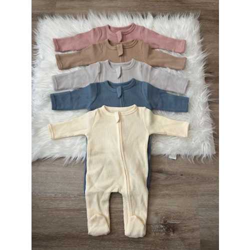 Organic Cotton Baby Rompers Waffle 95 Cotton 5 spandex Gender Neutral New Baby Gift Zipper Footed Solid Long-Sleeve Pajamas Double Zipper