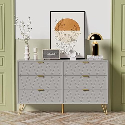 UEV Large Grey 6 Drawer Dresser,Modern Dresser Chest with Wide Drawers and Metal Handles,Wood Storage Chest of Drawers for Bedroom,Hallway,Entryway (Grey, Large 6 Drawer)